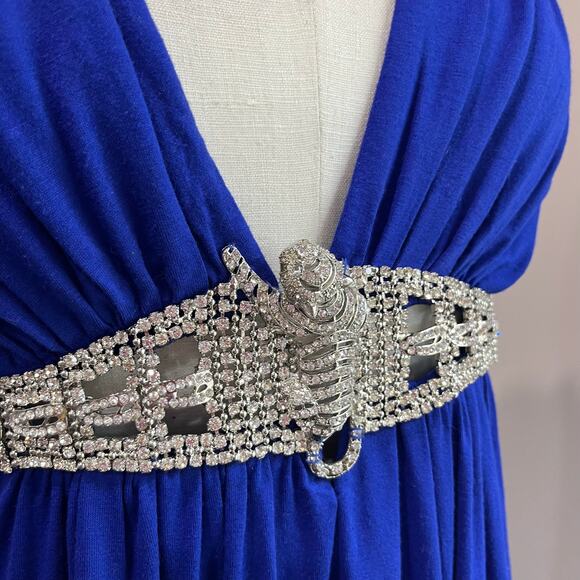 Forever 21 Y2K Blue Top Beaded Empire Waist Deep V Party Evening Retro - Picture 4 of 8